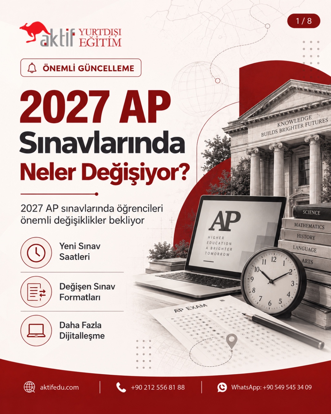 2027 AP sınavlarındaki yeni saatleri, değişen formatları ve dijitalleşmeyi özetleyen kapak
